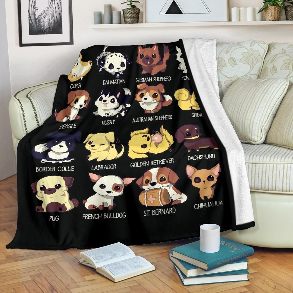 Cute Dogs Fleece Blanket Chibi Style Gift For Dog Lovers