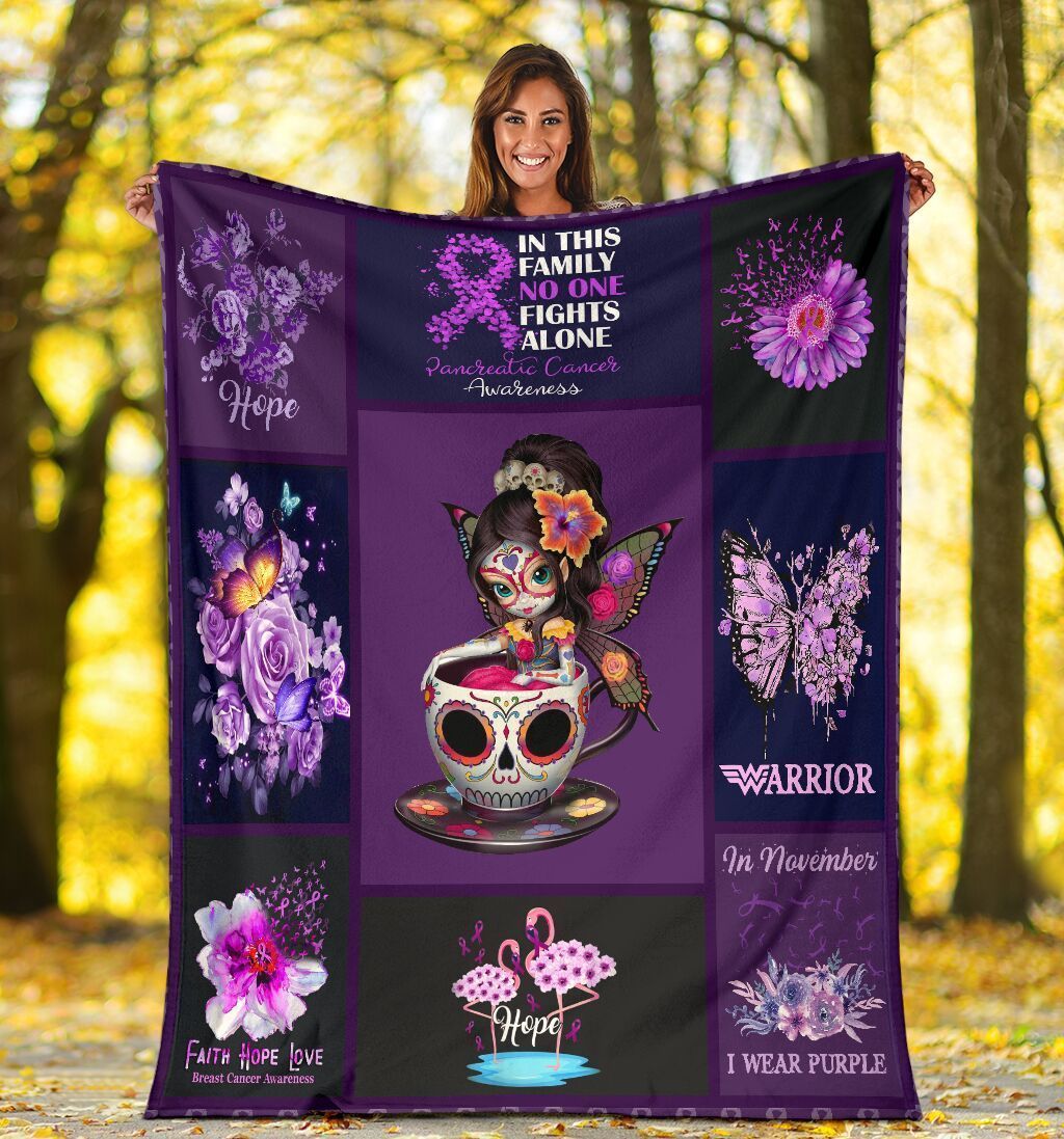 Cute Fairy Sugar Skull Pancreatic Cancer Awareness Butterfly Pink Ribbon Fleece Blanket