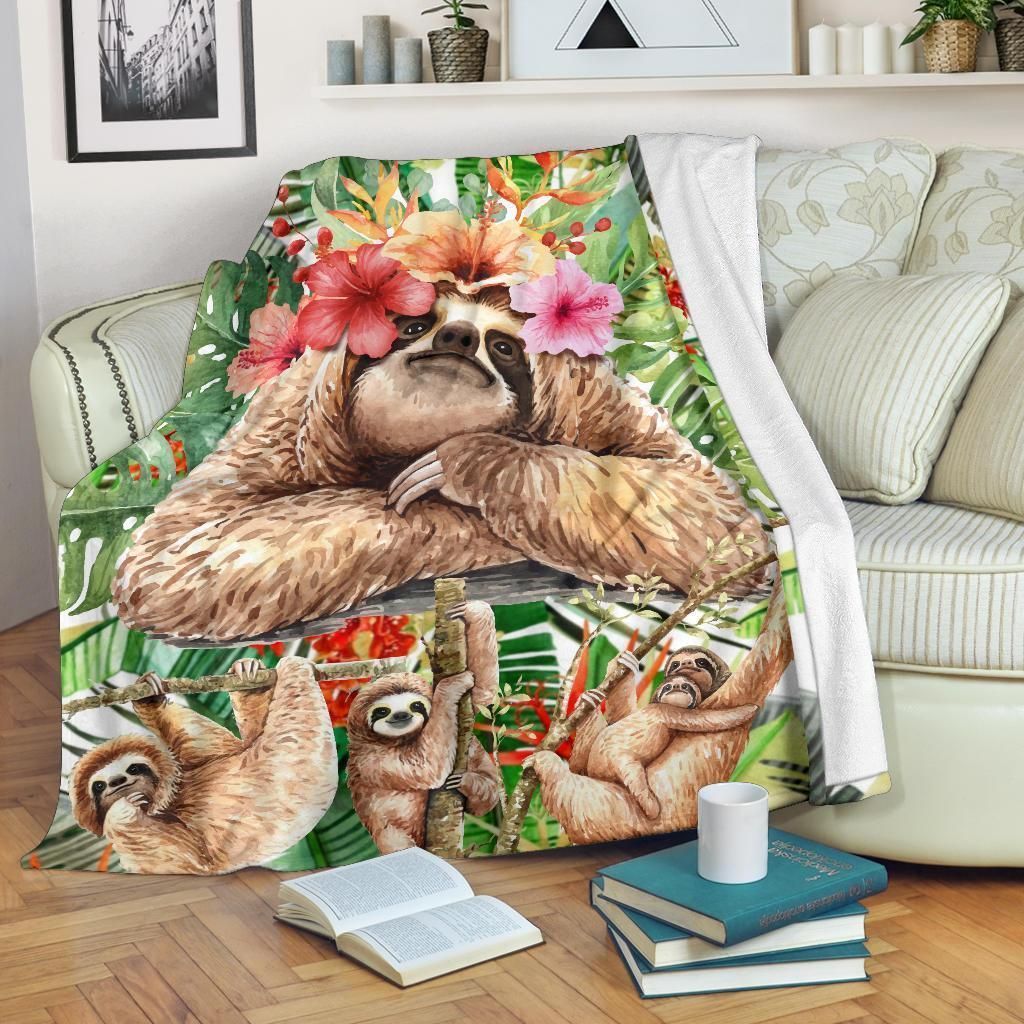 Cute Floral Sloth Fleece Blanket Gift For Sloth Lover