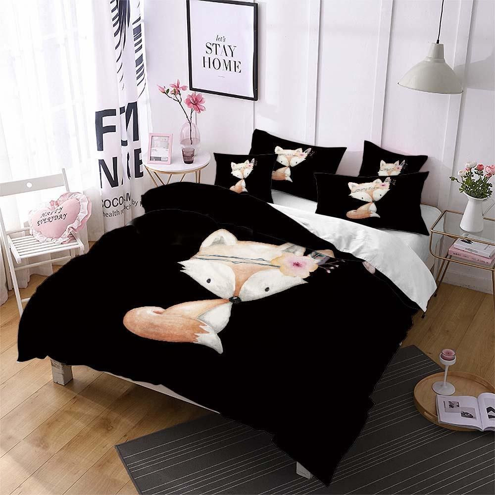 Cute Fox Black Background Pattern Printed Bedding Set