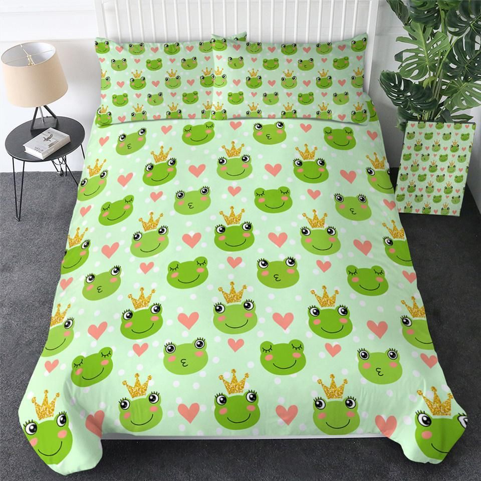 Cute Frog Patterns Pink Heart Dots Bedding Set