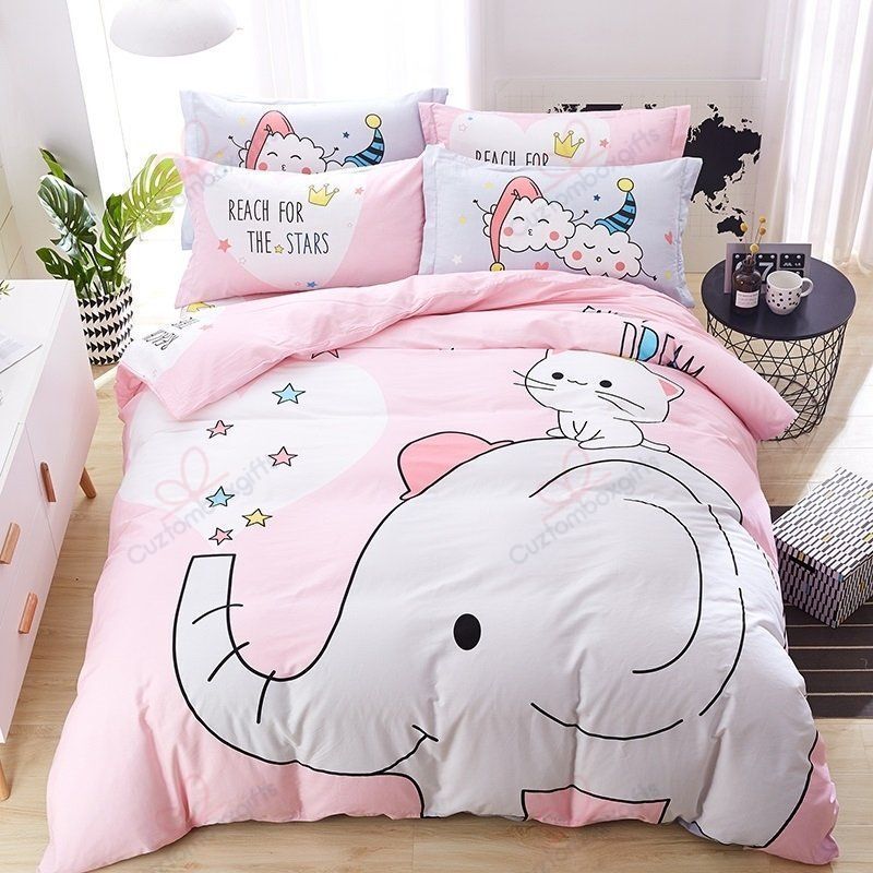 Cute Girls Elephant And Bunny Pastel Style Bedding Set