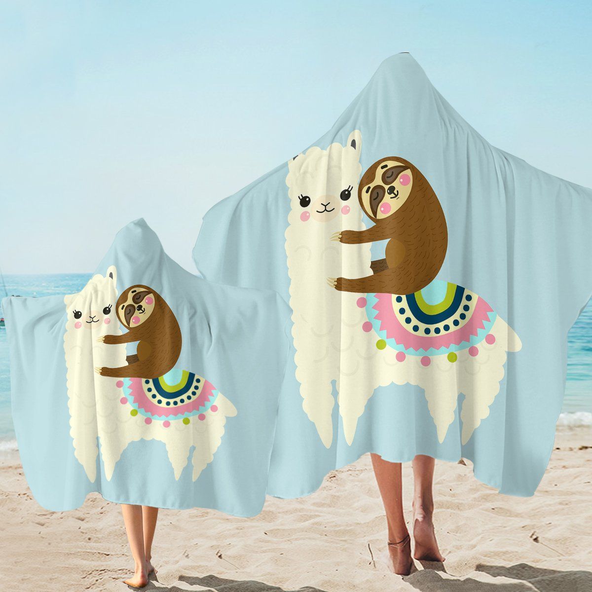 Cute Llamasloth Light Blue Printed Hooded Towel