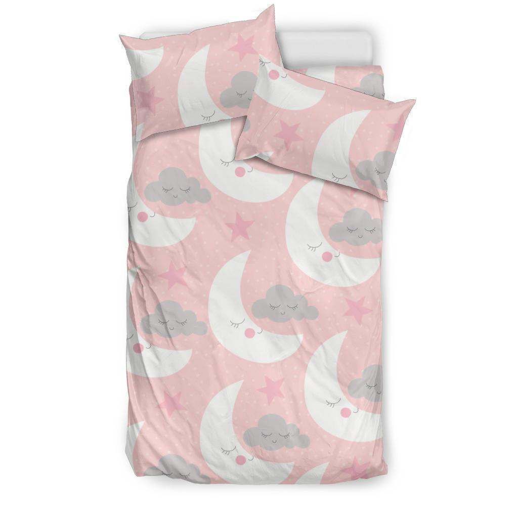 Cute Moon Star Pink Dot Background Bedding Set
