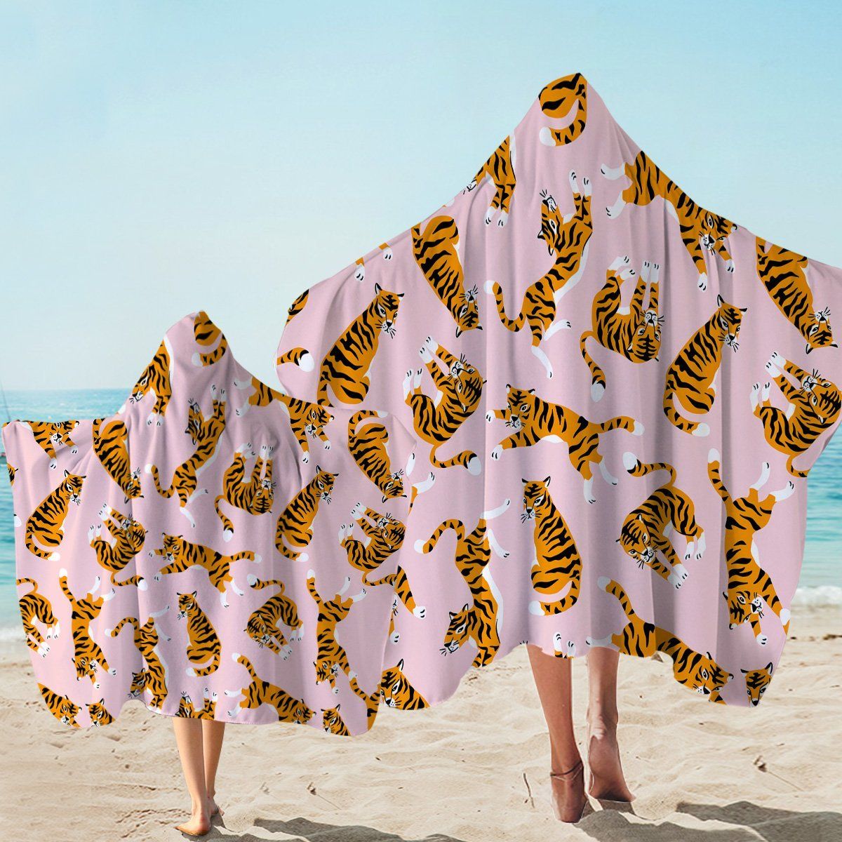 Cute Orange Tiger Pink Pattern Printed Hooded Towel