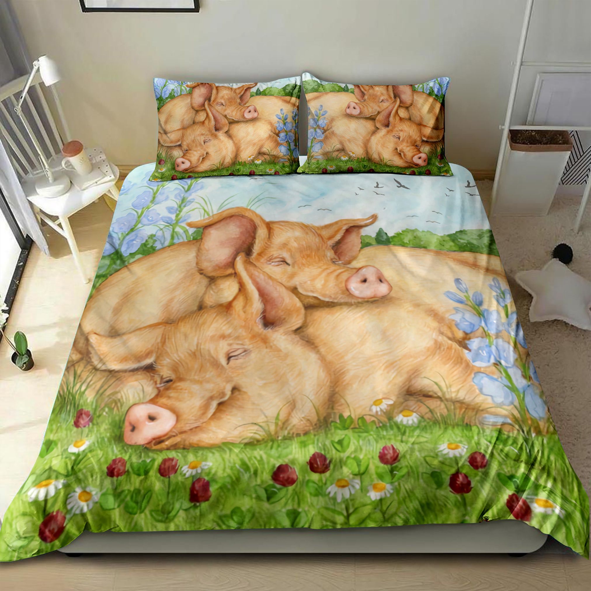 Cute Pig Couple Sleeping Painting Bedding Set