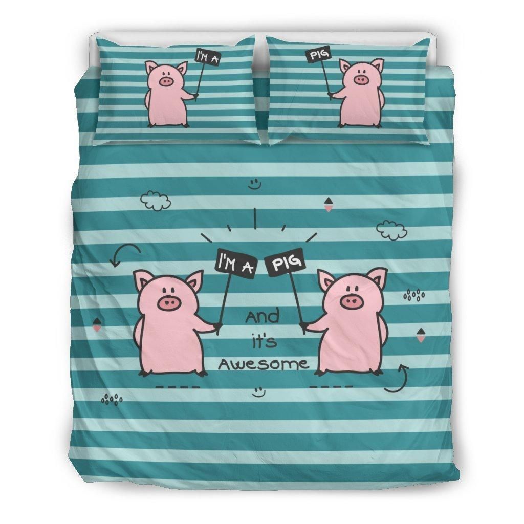 Cute Pink Pigs Funny Blue Stripes Bedding Set