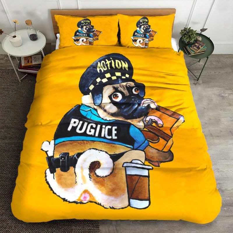 Cute Police Pug Eats Pink Donuts Bedding Set