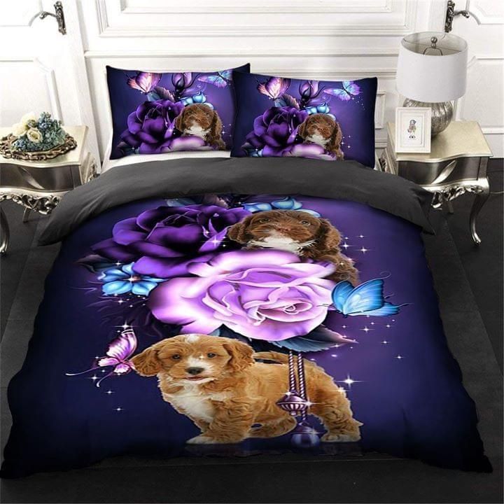 Cute Poodle Puppy Pudelhund Caniche Fantasy Purple Roses  Bedding Set