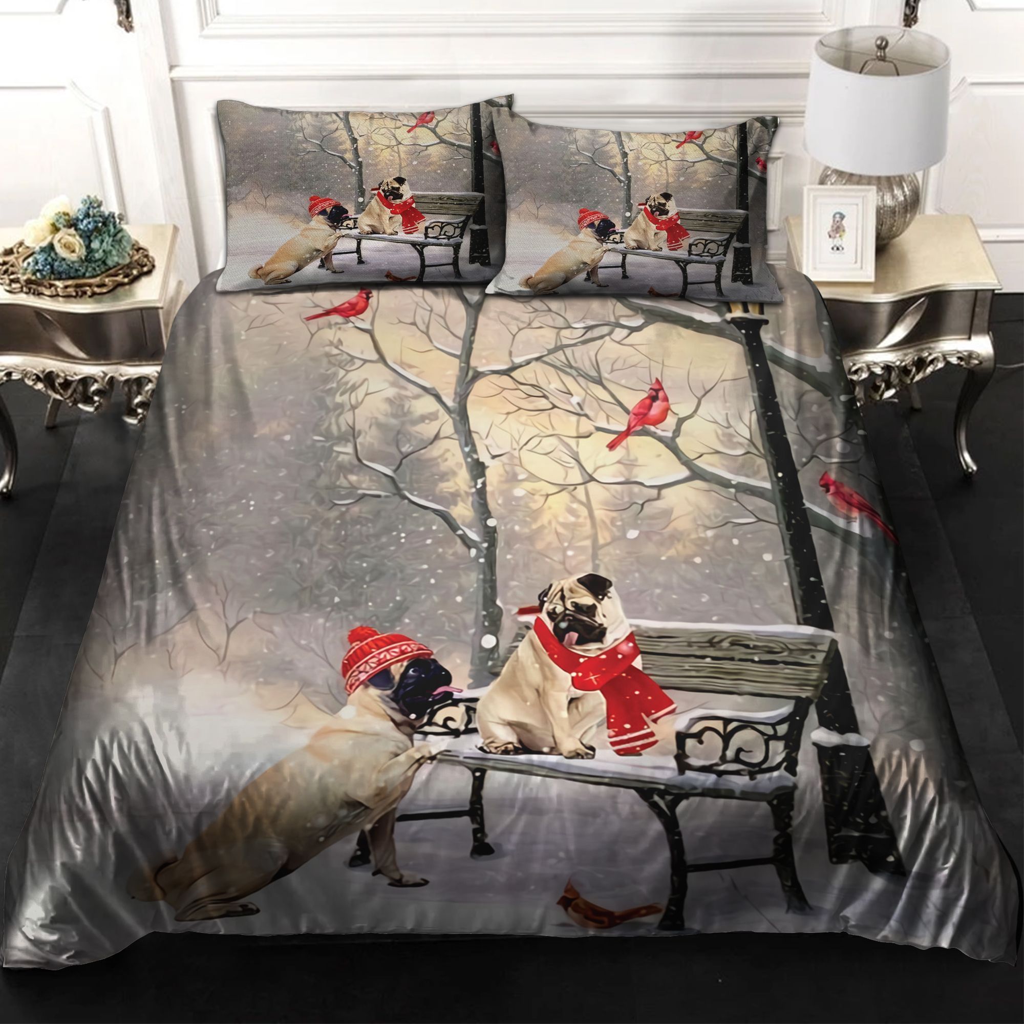 Cute Pug Christmas Day With Cardinal Bedding Set