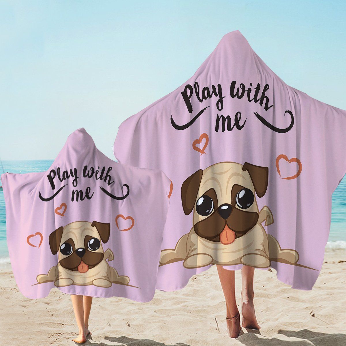 Cute Pug Pink Play With Me Printed Hooded Towel