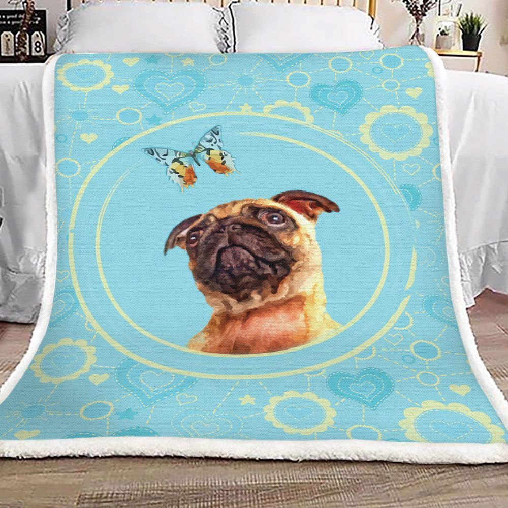 Cute Pug Puppy And Butterfly Sherpa Fleece Blanket