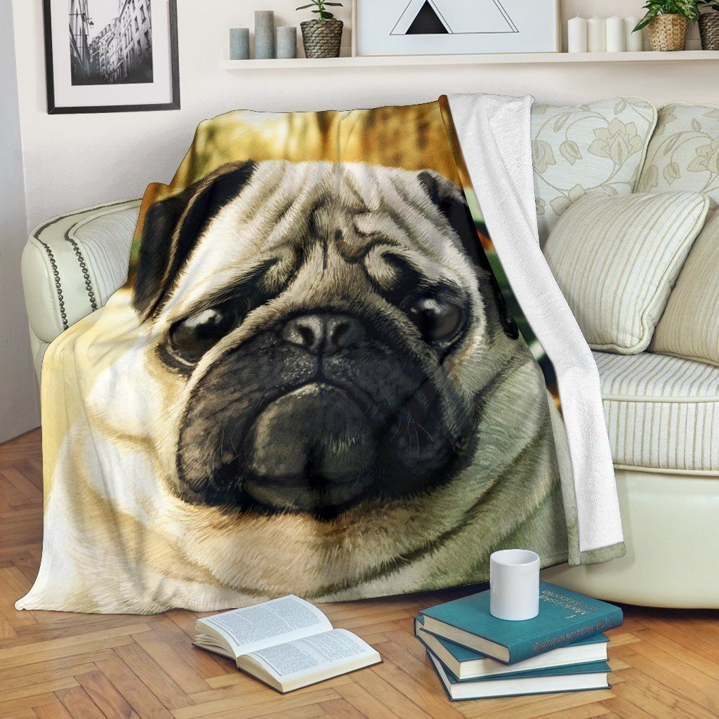 Cute Pug Sad Face Printed Fleece Blanket