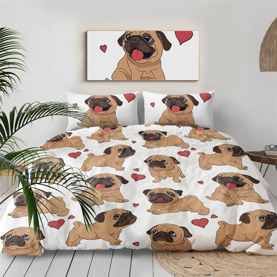 Cute Pug With Heart Dots Bedding Set