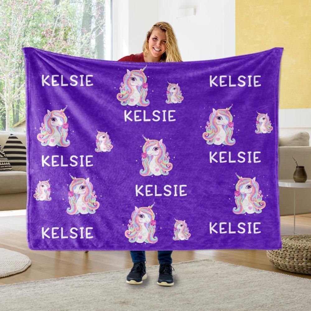 Cute Purple Unicorn Custom Name Fleece Blanket