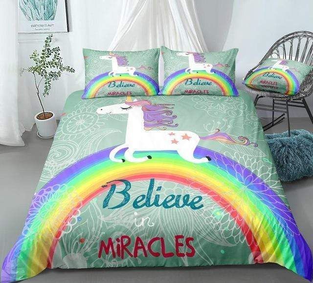 Cute Rainbow With Unicorn Believe Miracles Bedding Set