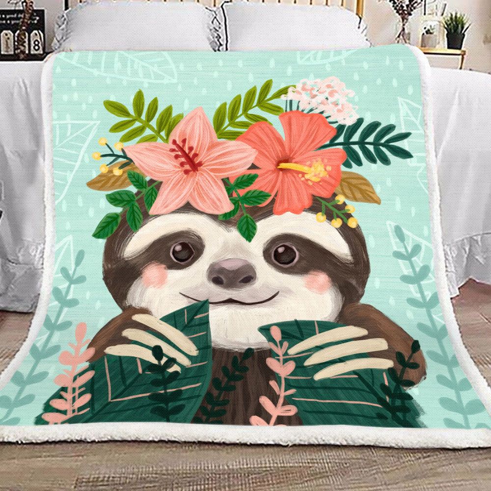 Cute Sloth Flower Fleece Blanket
