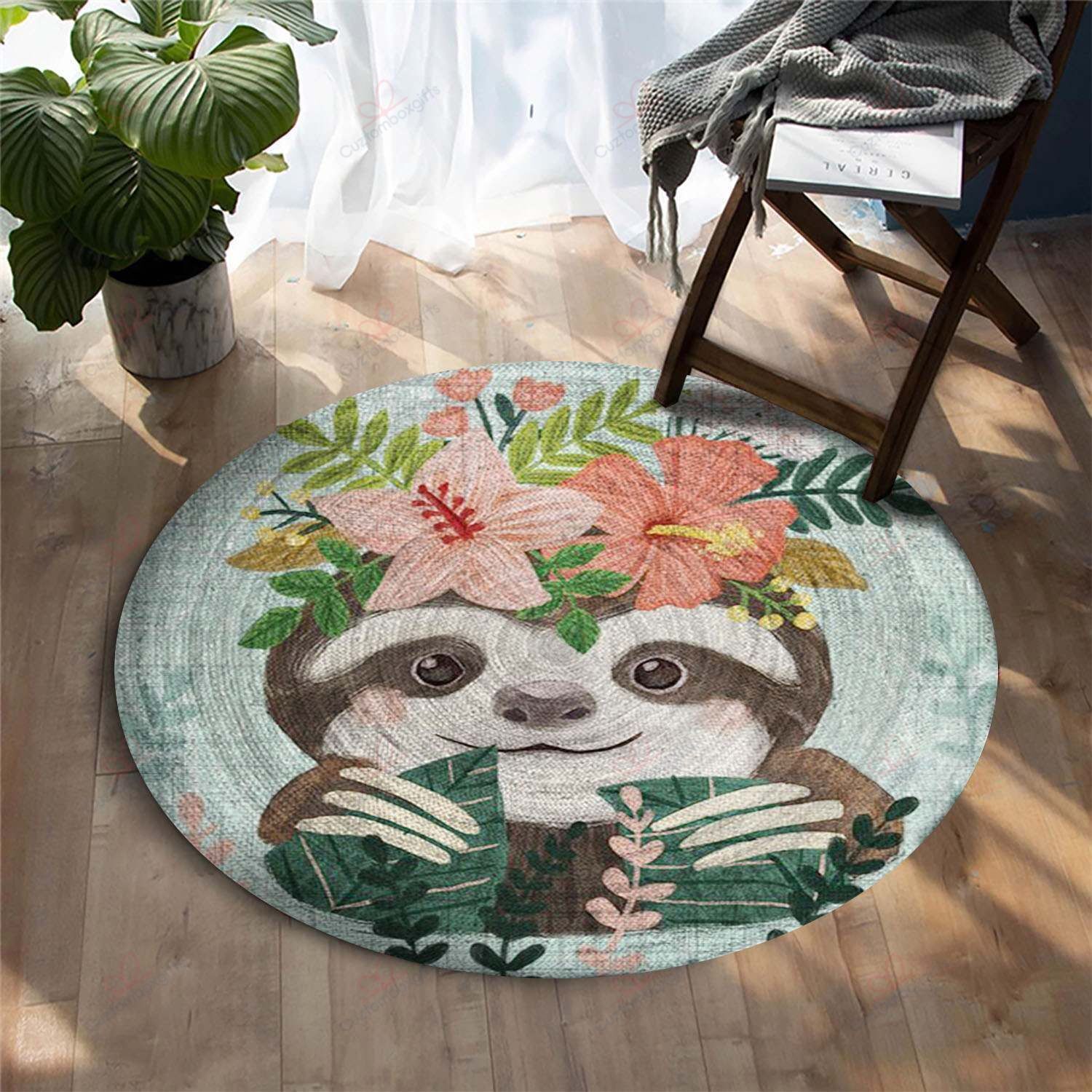 Cute Sloth With Flower Round Carpet