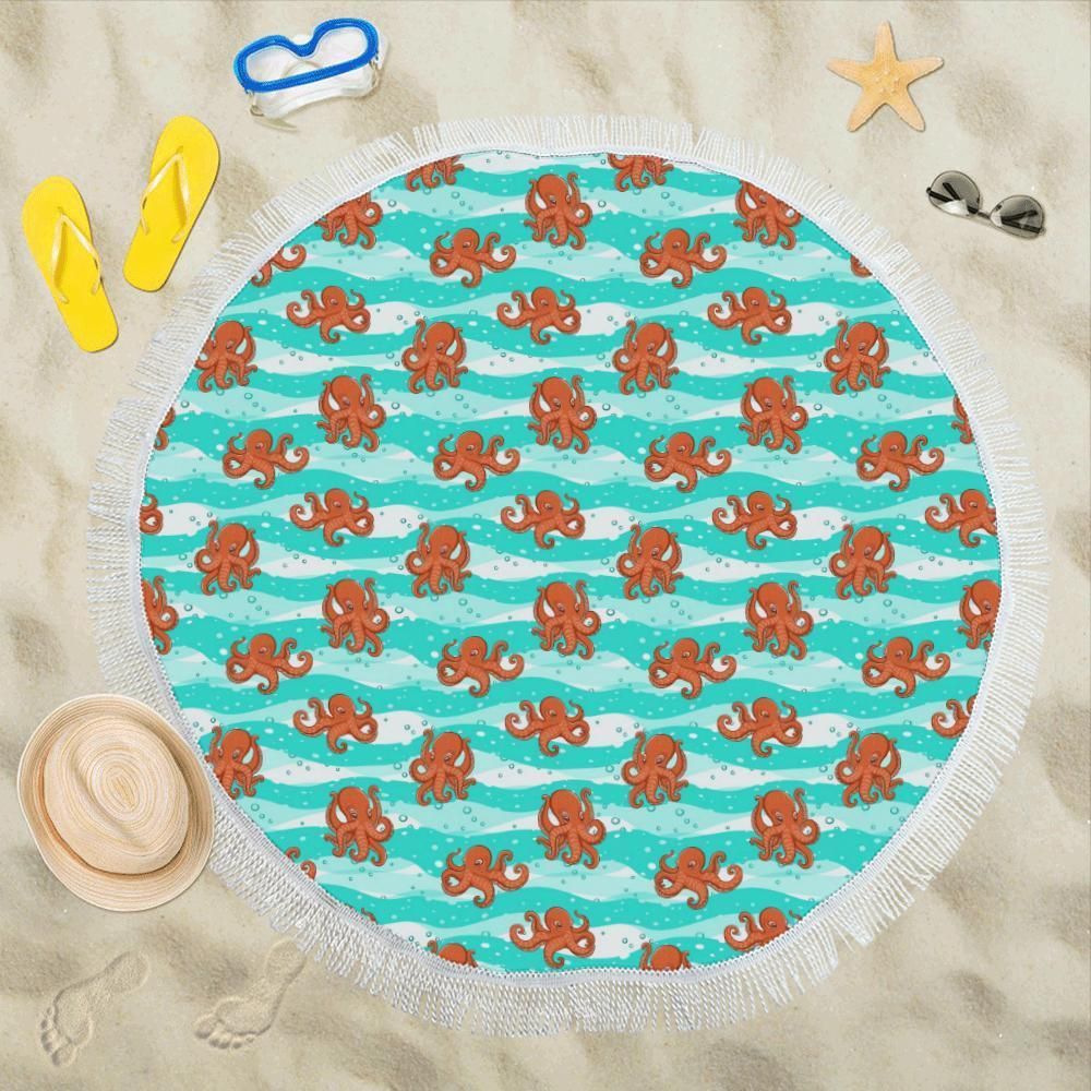 Cute Small Octopus Blue Waves Pattern Printed Round Beach Towel