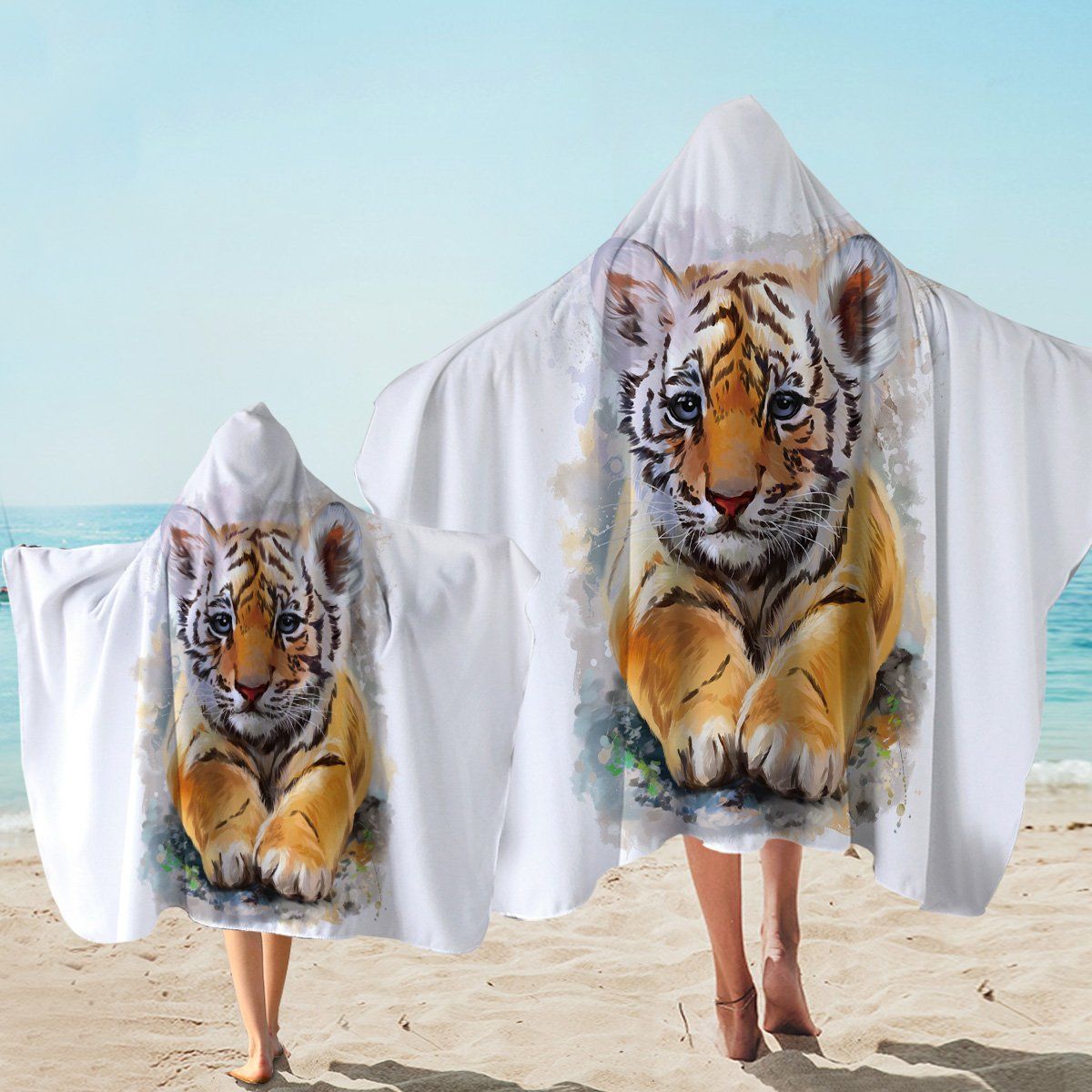 Cute Tiger Cub On White Printed Hooded Towel