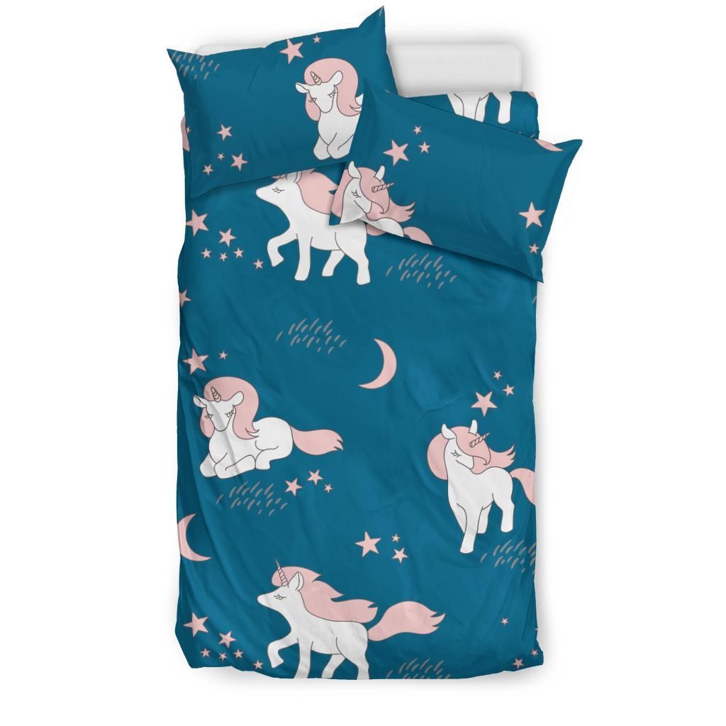Cute Unicorn Sun Star Blue Bedding Set