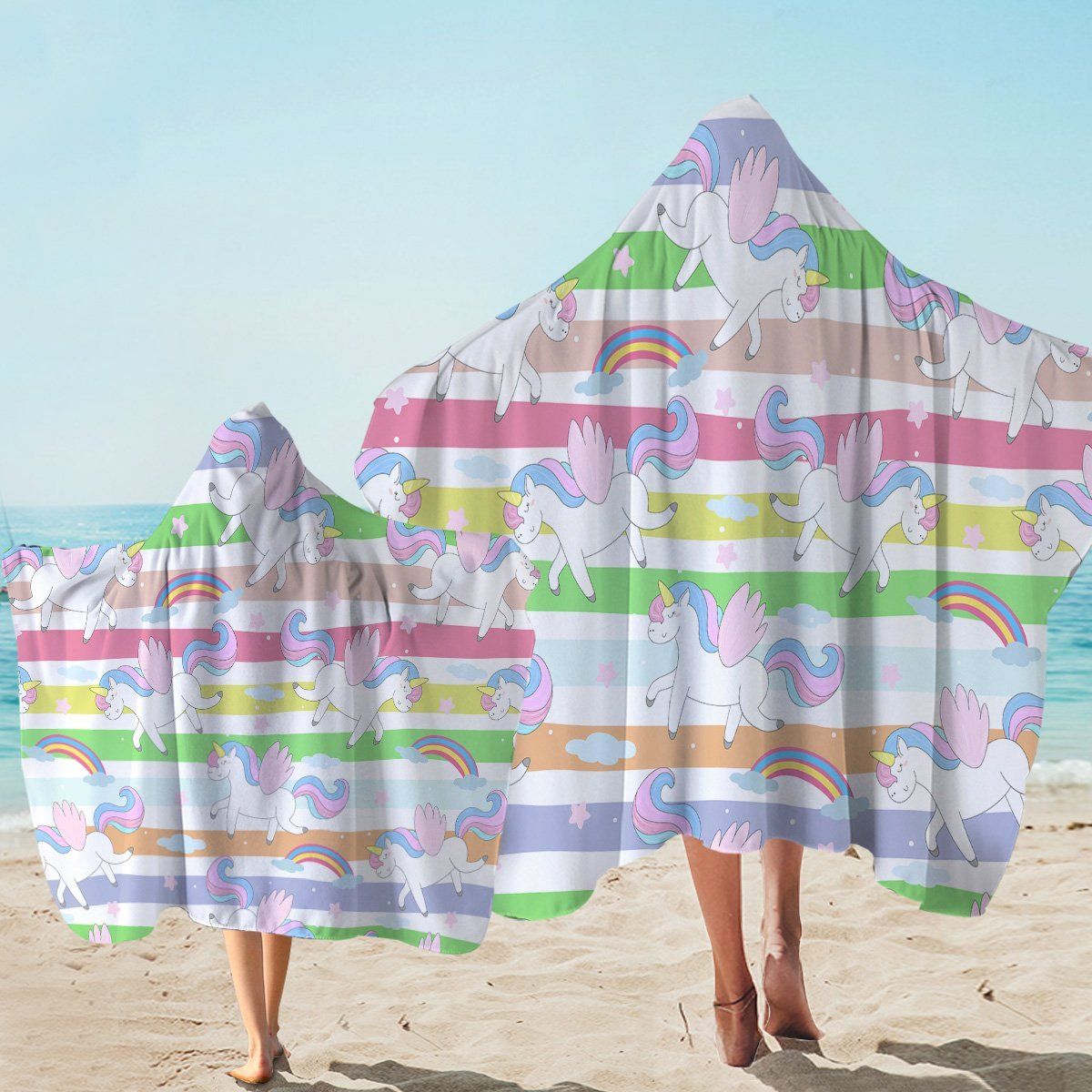 Cute Unicorns Stripe And Rainbow Printed Hooded Towel