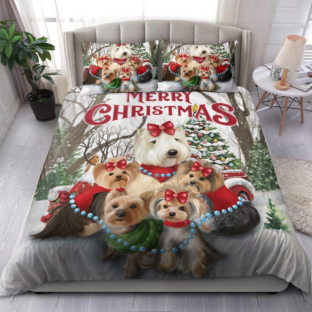 Cute Yorkshire Terrier Dog Merry Christmas Bedding Set