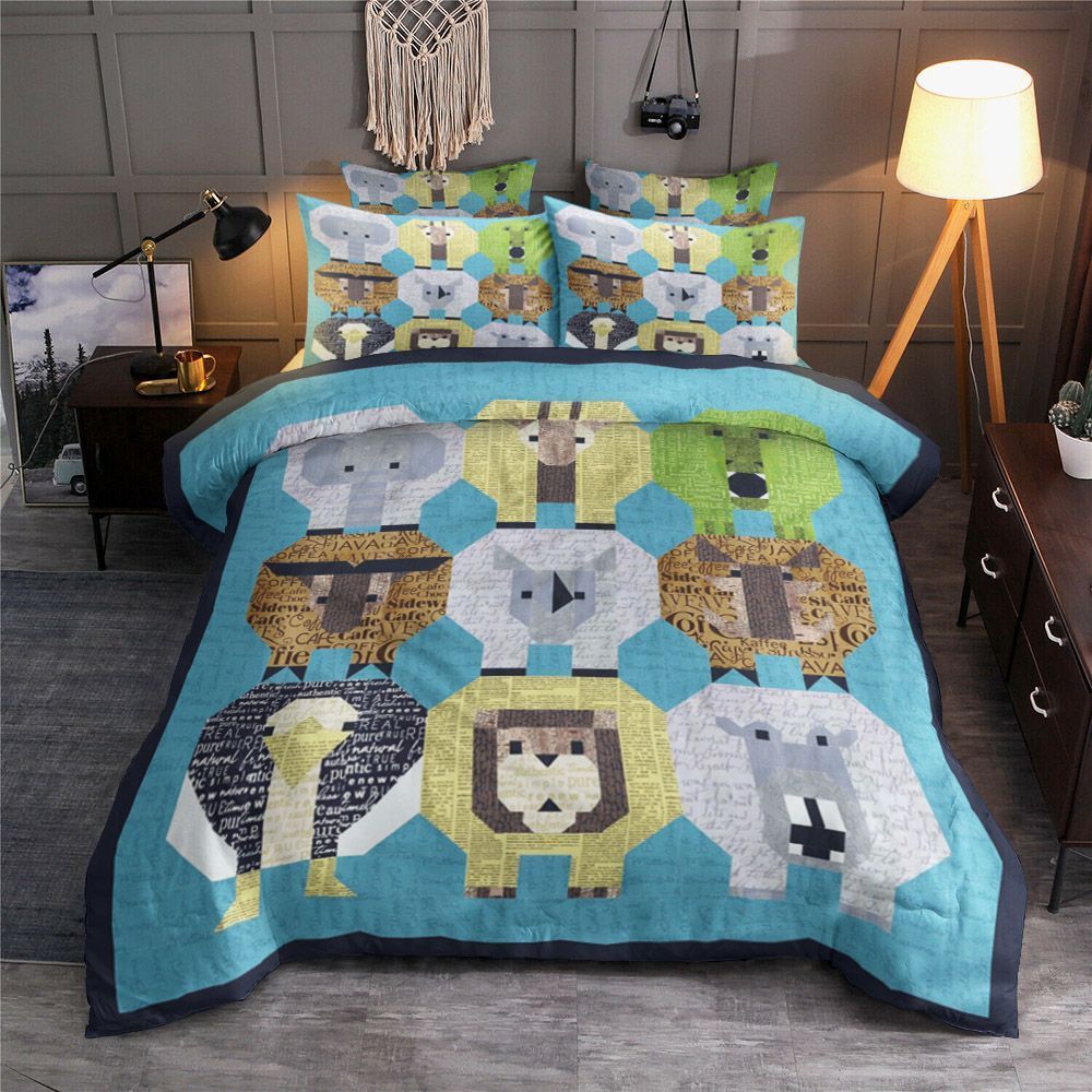 Cute Zoo Elephant Lion Hippo Goat Ostrich Rhino And Bear Bedding Set