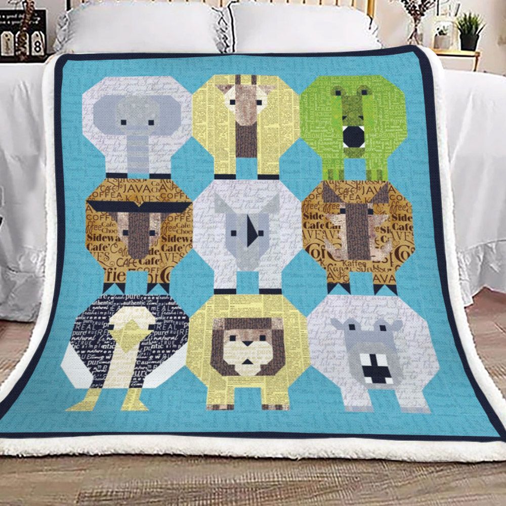 Cute Zoo Elephant Lion Hippo Goat Ostrich Rhino And Bear Sherpa Fleece Blanket