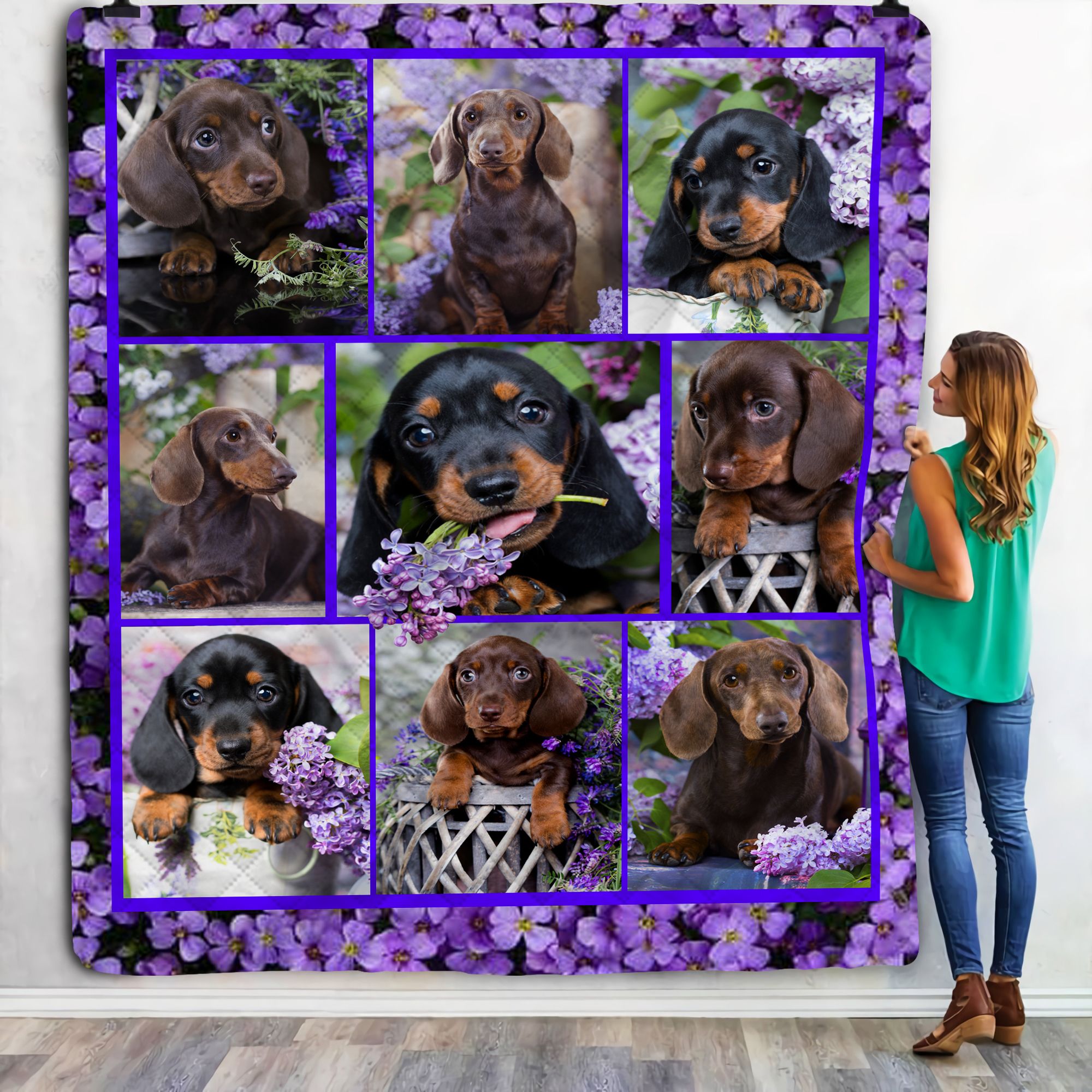 Cutie Dachshund And Lilac Flower Fleece Blanket