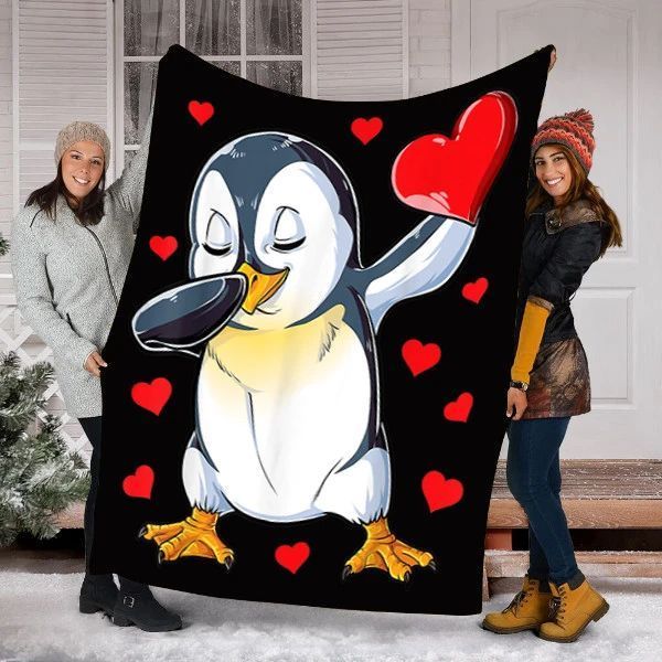 Dabbing Penguin Heart Valentines Day Sherpa Fleece Blanket