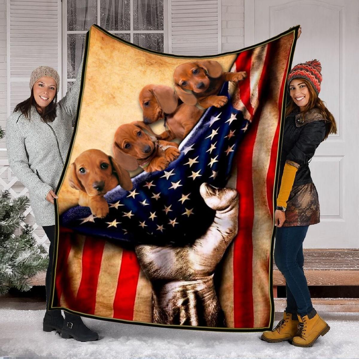 Dachshund American Flag Fleece Blanket