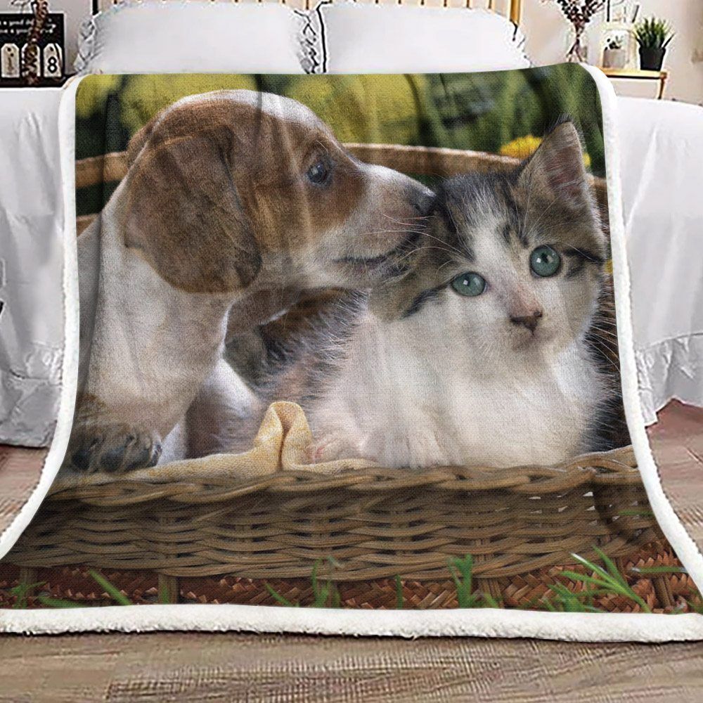 Dachshund And Kitty Sherpa Fleece Blanket