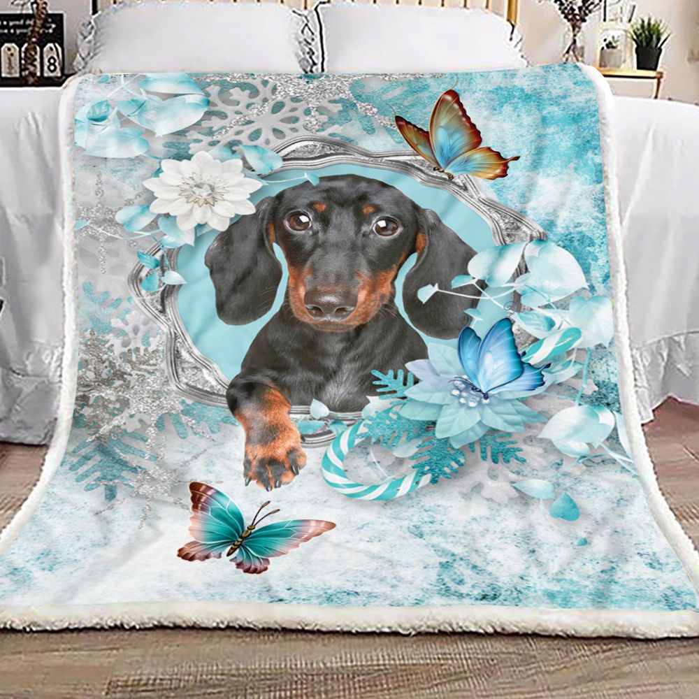 Dachshund Blue Butterfly Fleece Blanket