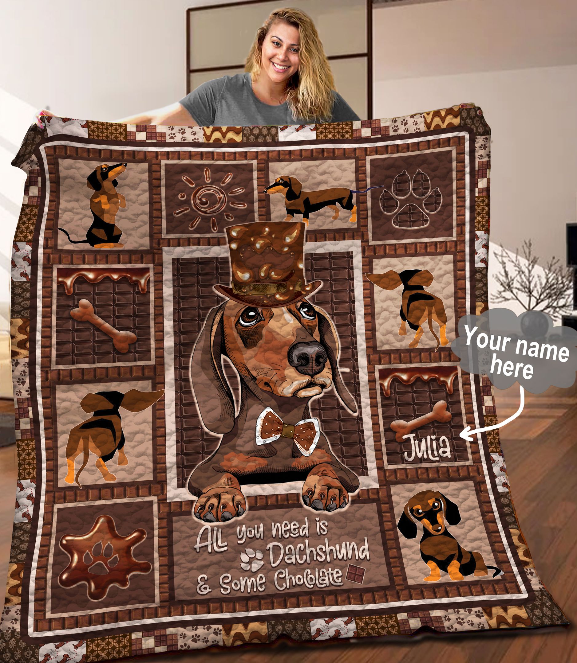 Dachshund Chocolate Personalized Quilt Blanket C9B090603TA