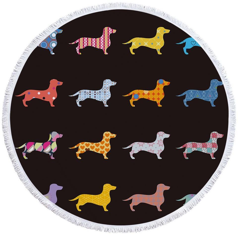Dachshund Colorful Patterned Round Beach Towel