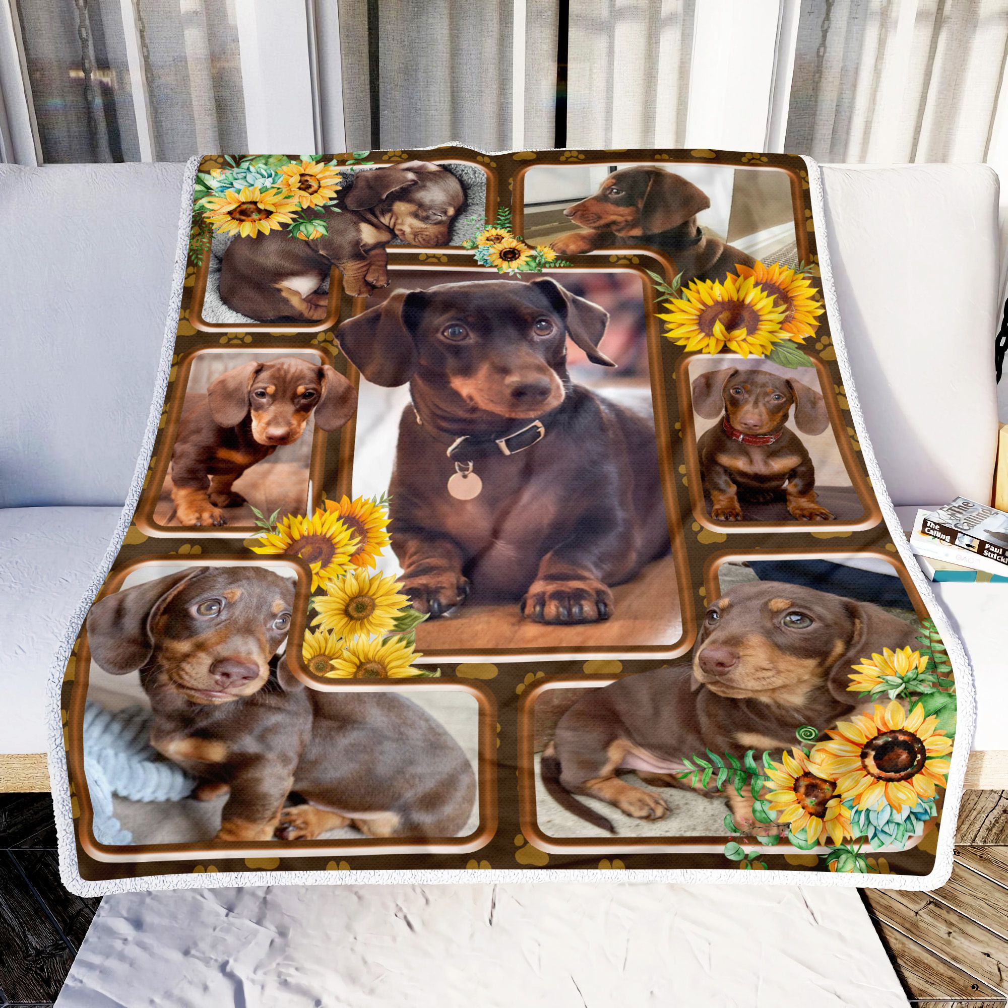 Dachshund Cute Sunflower Fleece Blanket