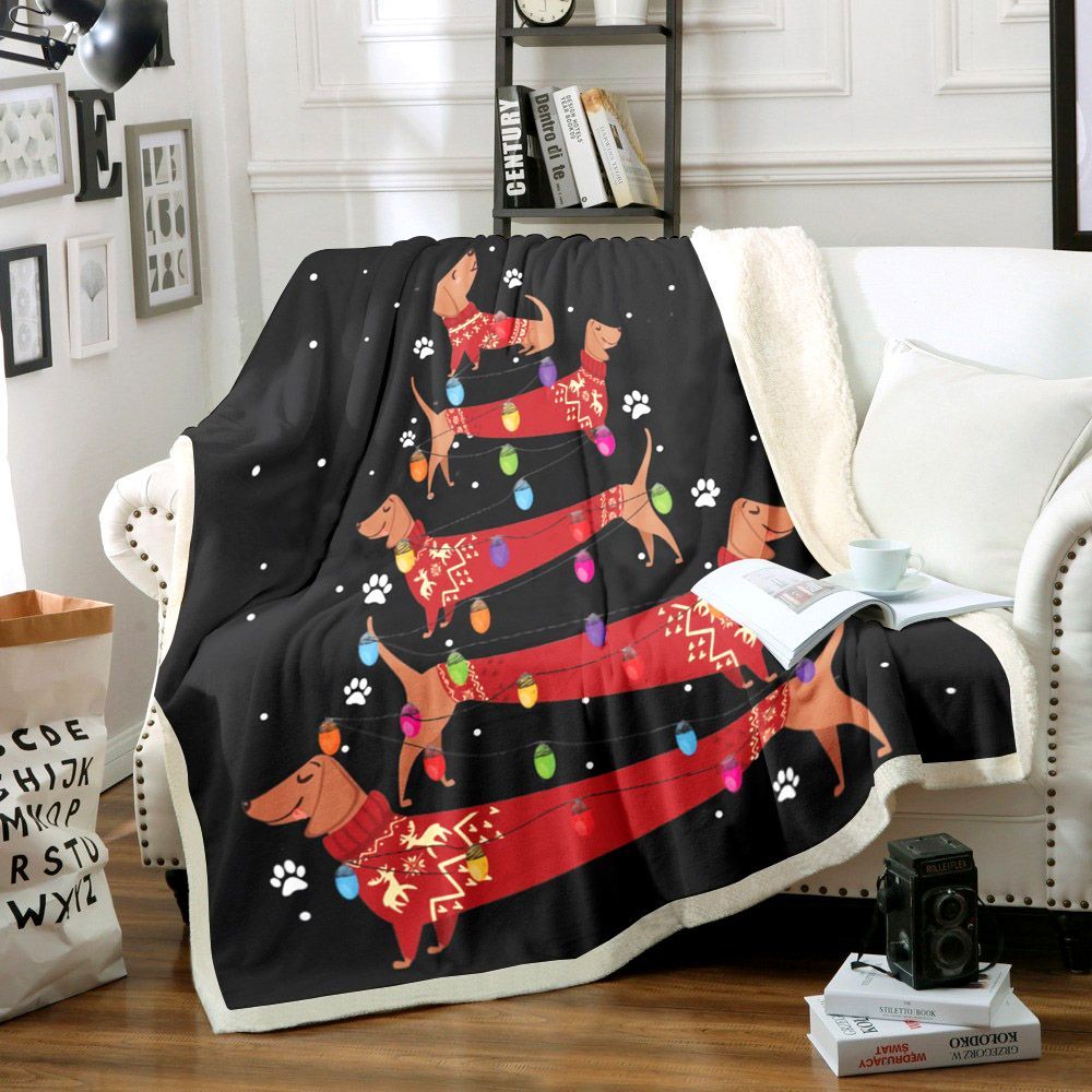 Dachshund Dog Christmas Tree Sherpa Fleece Blanket