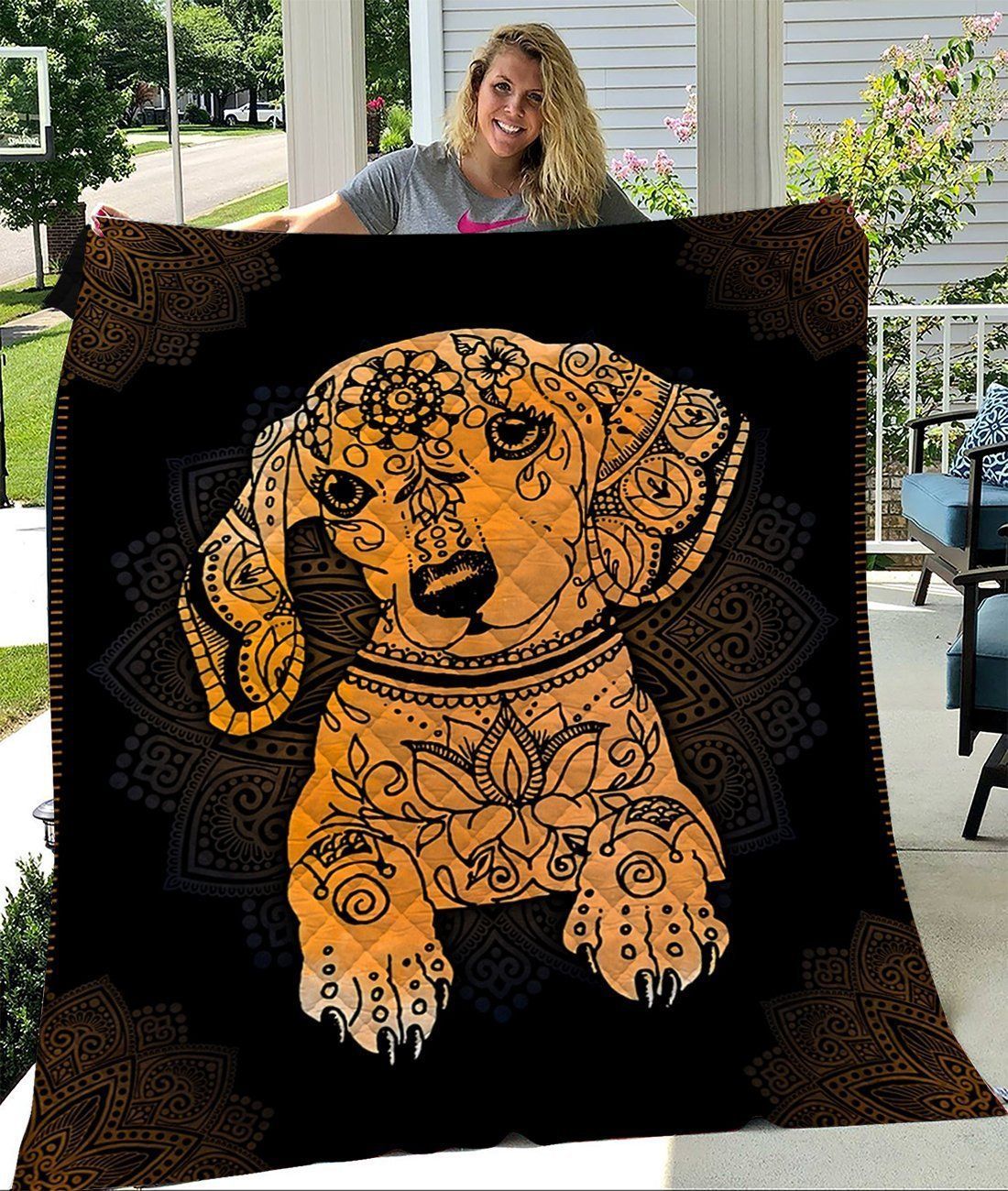 Dachshund Dog Mandala Pattern Quilt Blanket