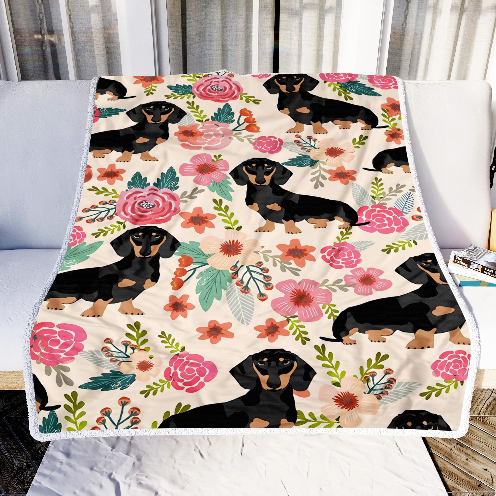 Dachshund Flower Fleece Blanket