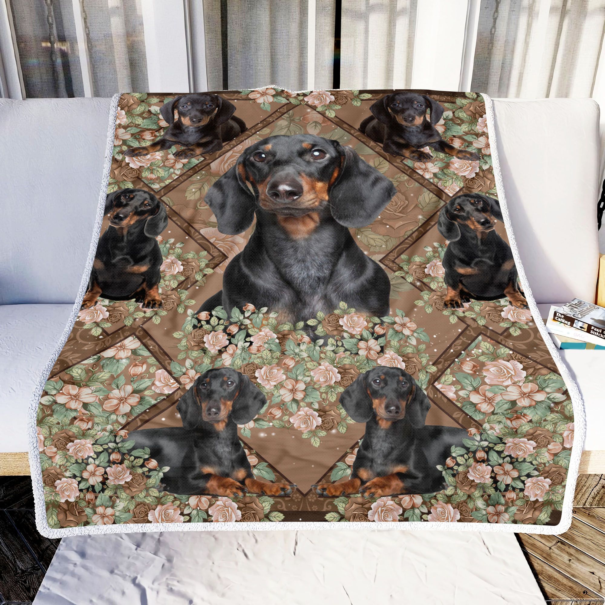 Dachshund Flower Fleece Blanket