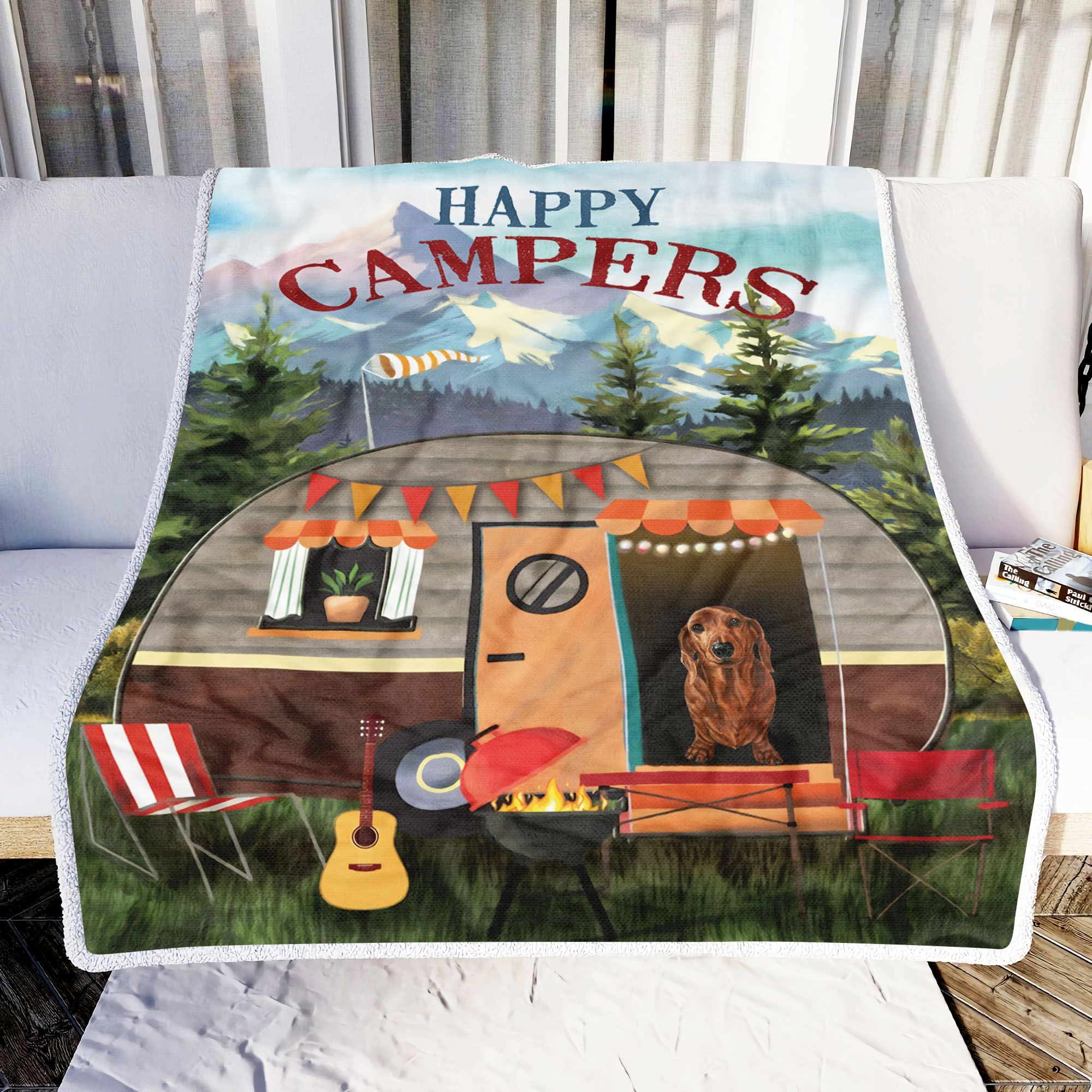 Dachshund Happy Camper Fleece Blanket