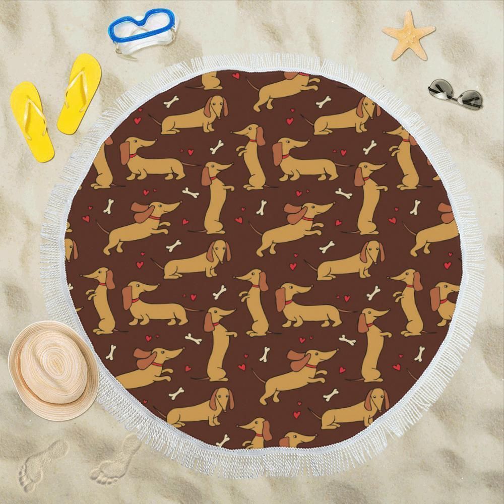 Dachshund Happy Print Pattern Round Beach Towel