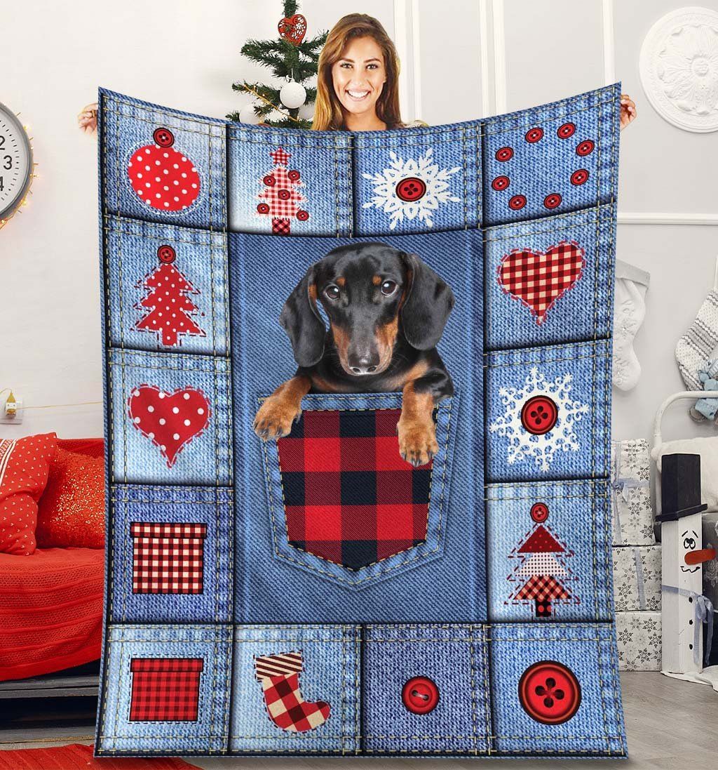 Dachshund In Demin Pocket Fleece Blanket