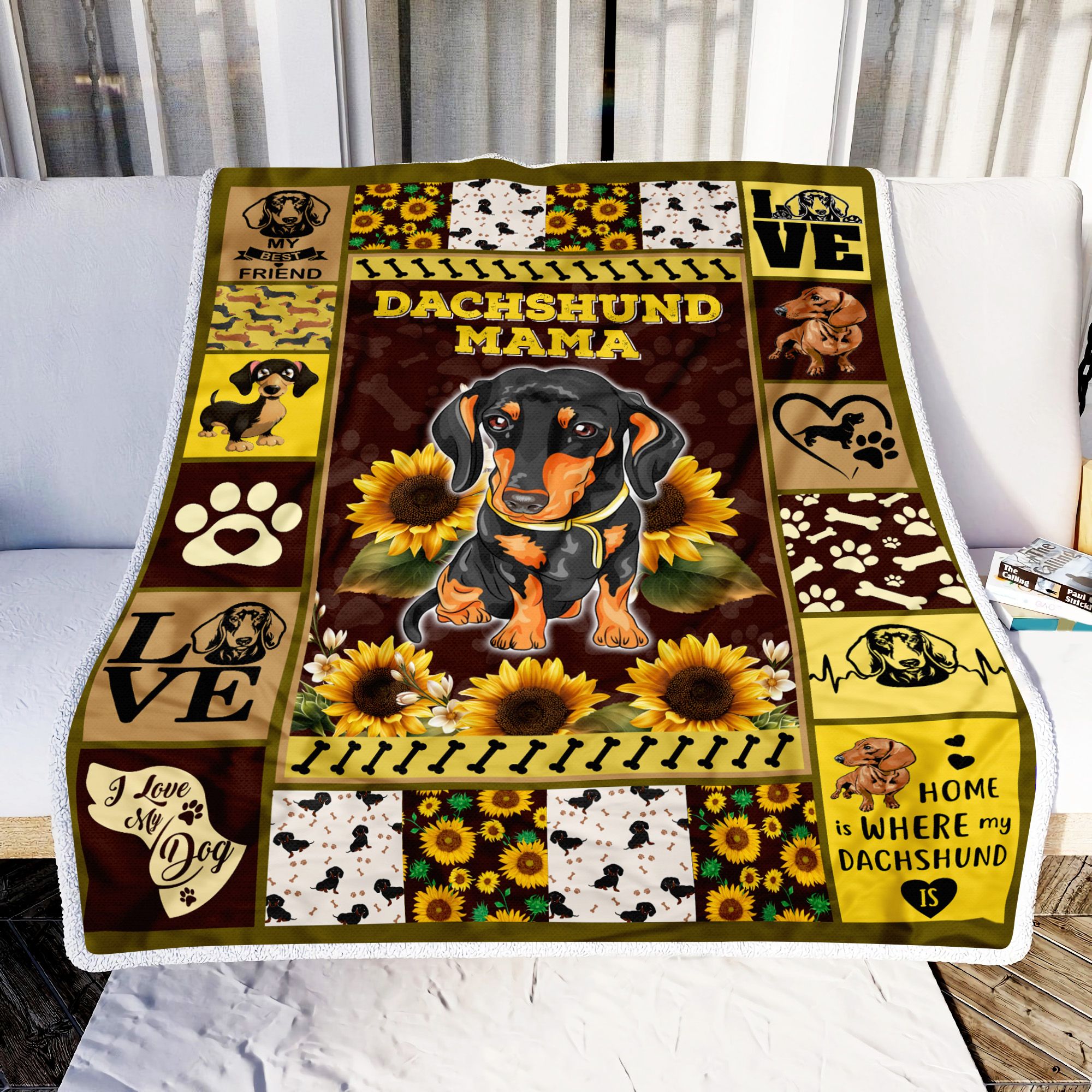 Dachshund Mama Sunflower Fleece Blanket