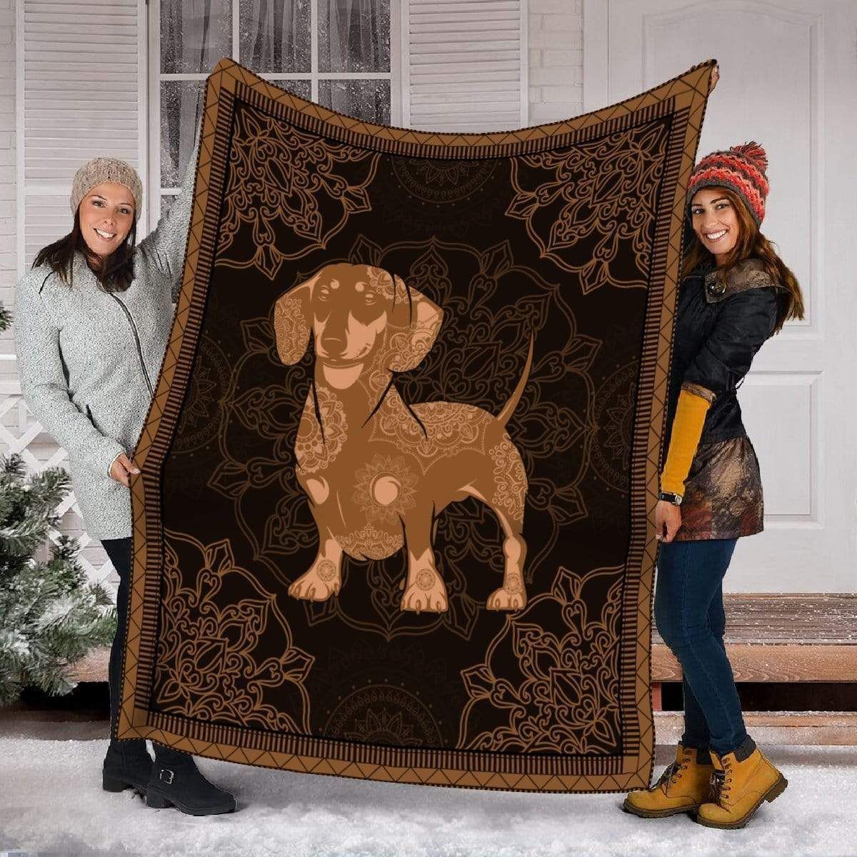 Dachshund Mandala Vintage Boho Printed Fleece Blanket