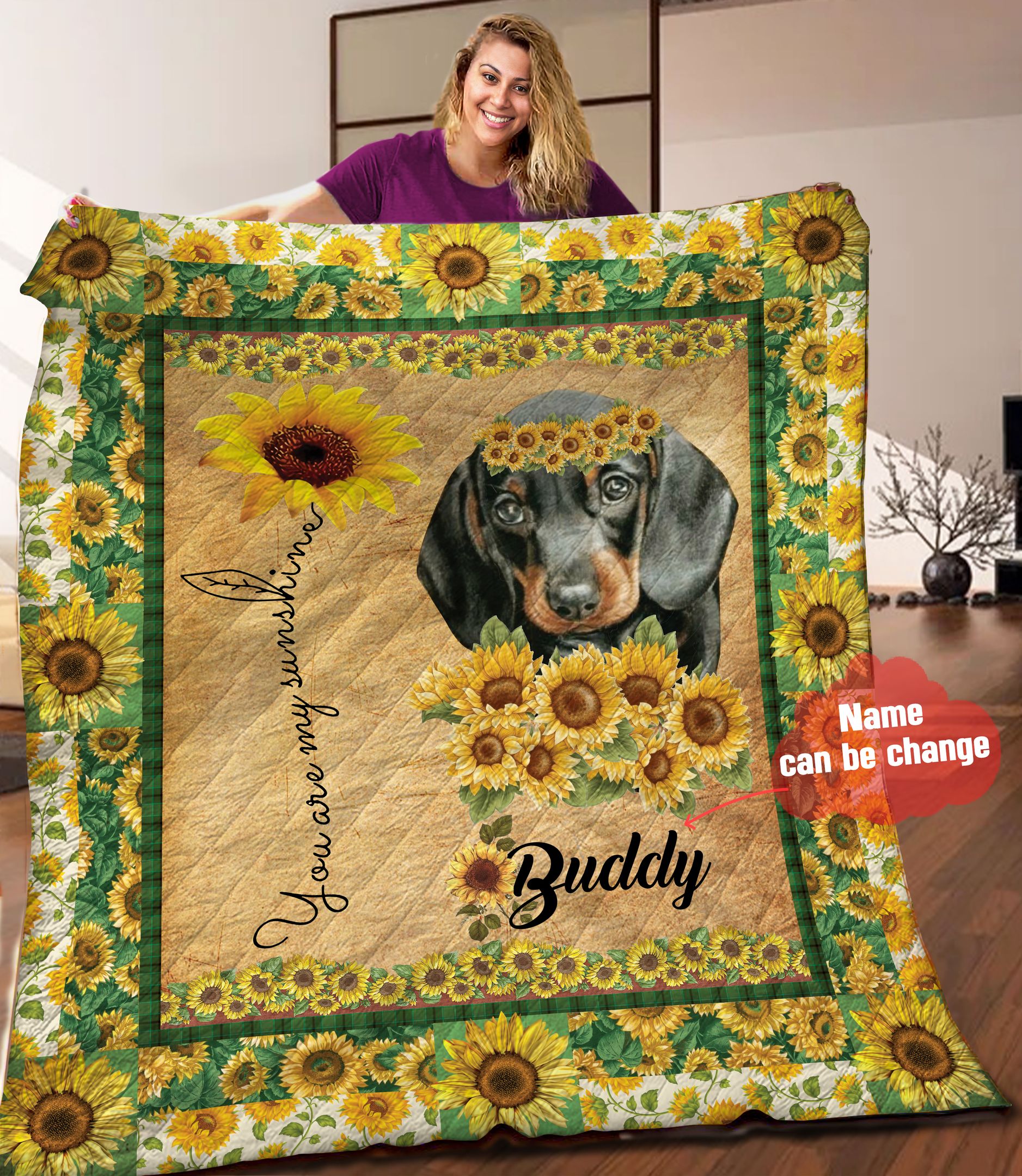 Dachshund Sunflower Personalized Quilt Blanket HHH050609NA