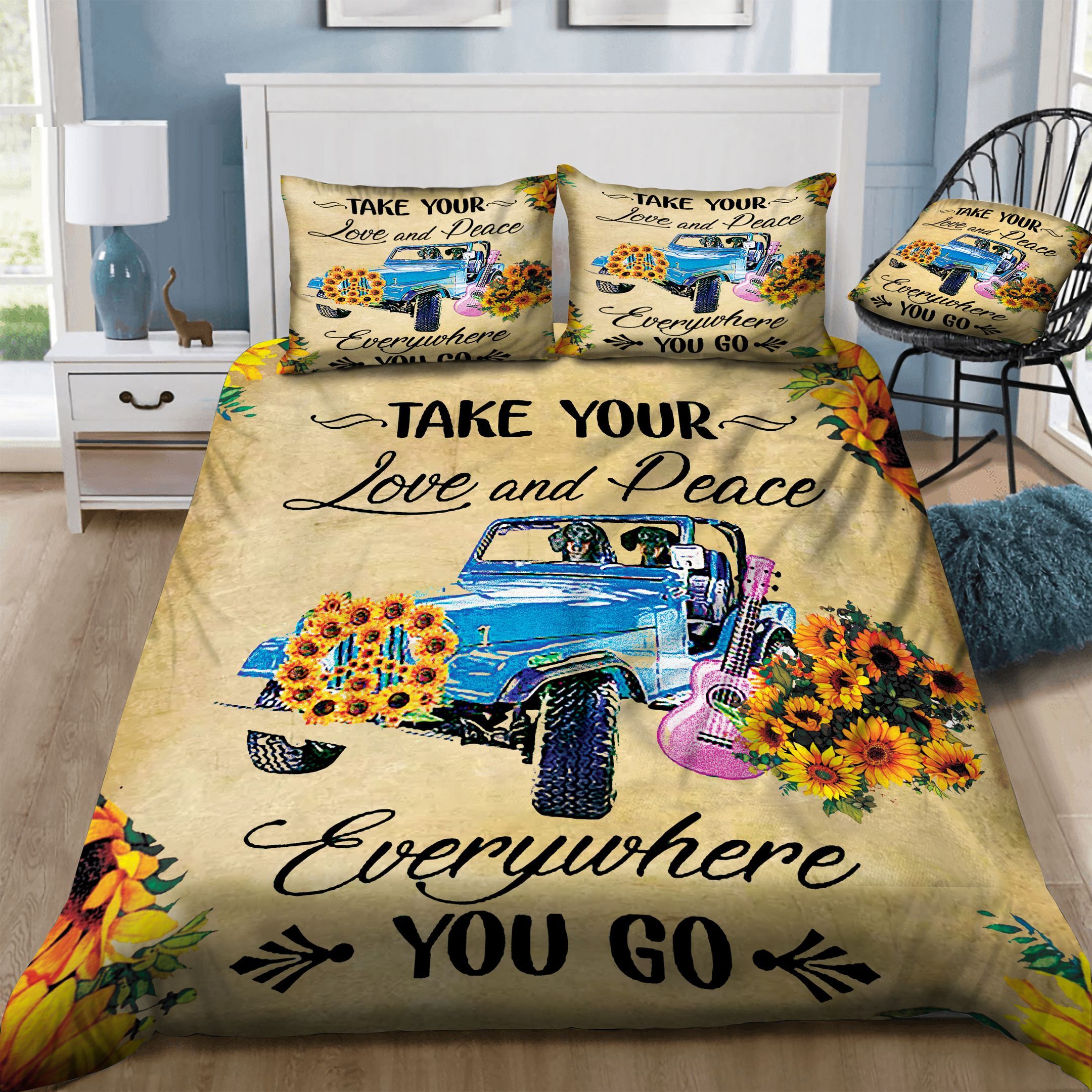 Dachshund Sunflowers Hippie  Bedding Set