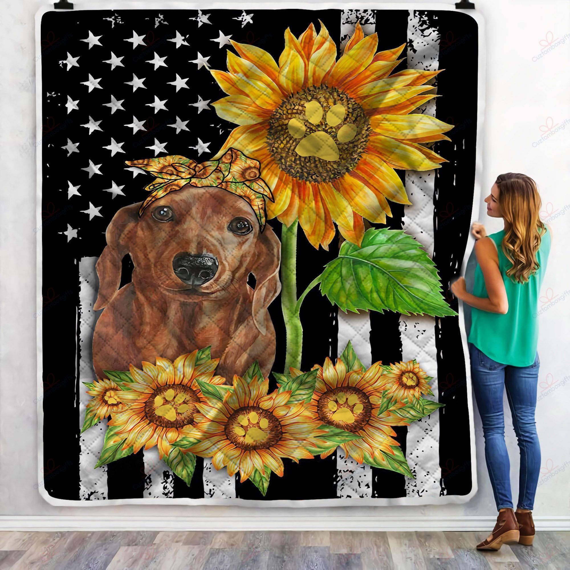 Dachshund Sunflowers Fleece Blanket