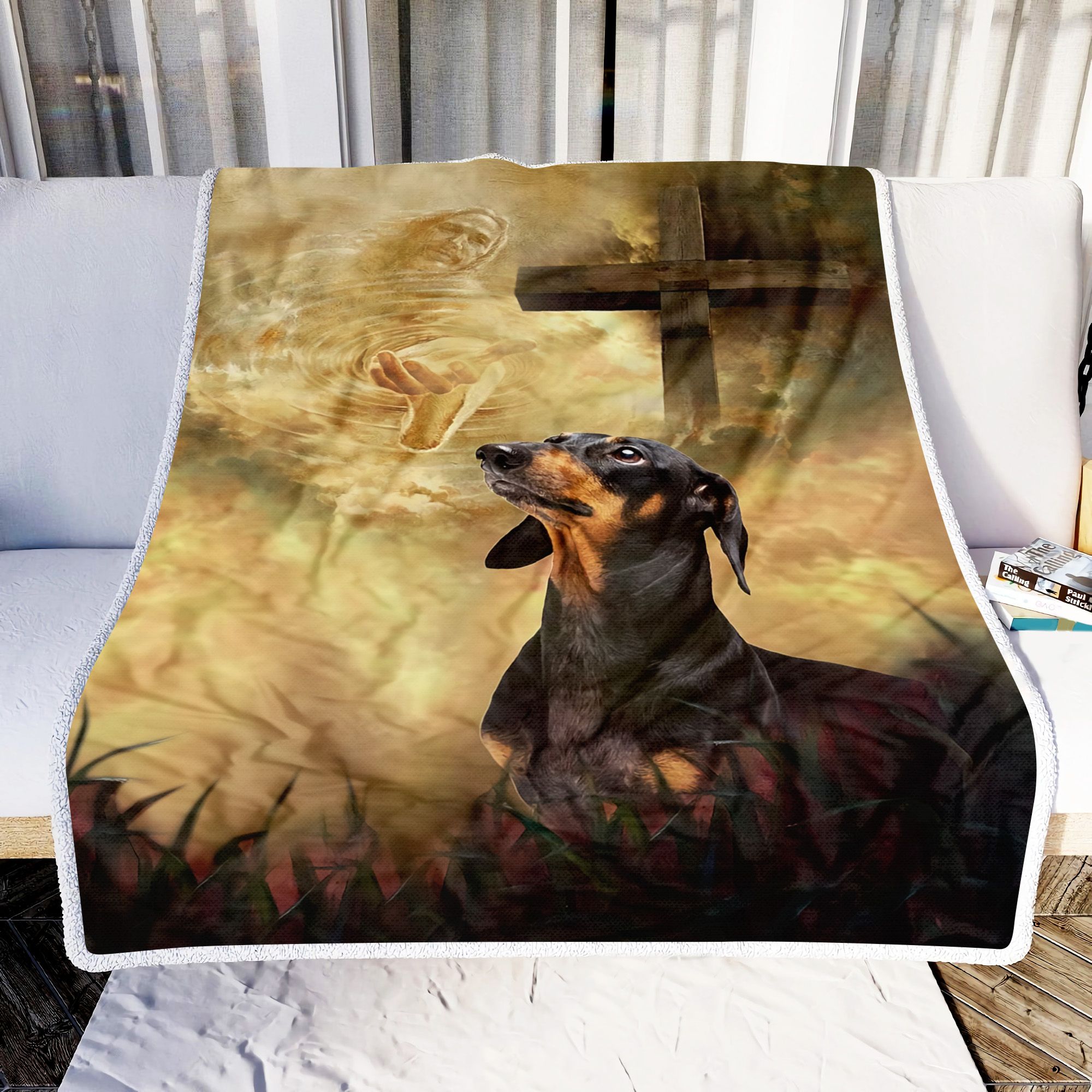 Dachshund Take My Hand Jesus Fleece Blanket